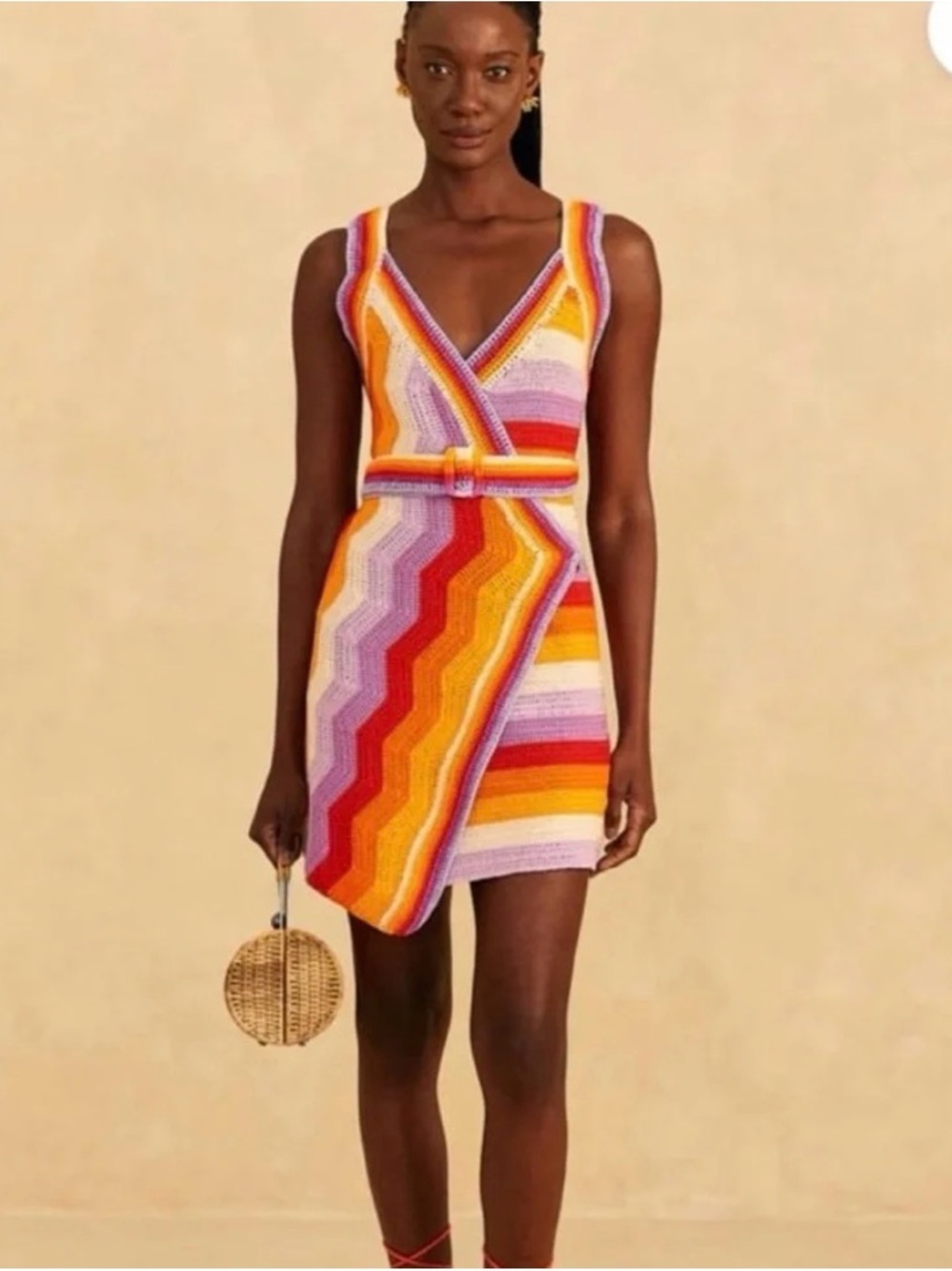 FARM Rio Crochet Wrap Mini Dress in Orange, Pink & Red Stripes